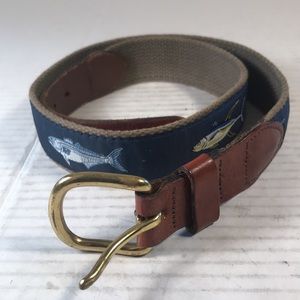 Leather Man Ltd. Blue Multi Fish Woven Canvas Leather Accents Woman’s Belt